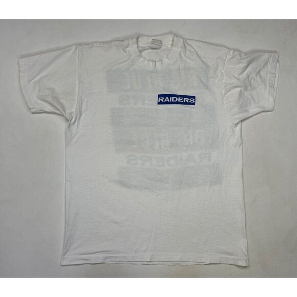 VINTAGE Raiders Big Blue Graphic T-shirt Men XL White USA 90s Single Stitch - Picture 4 of 11